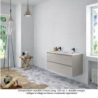 Ensemble meuble de salle de bain Oxford 120 cm grège brillant, plan double vasque marbre reconstitué, 2 tiroirs