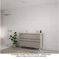 Ensemble meuble de salle de bain Oxford 120 cm grège brillant, plan double vasque marbre reconstitué, 3 tiroirs