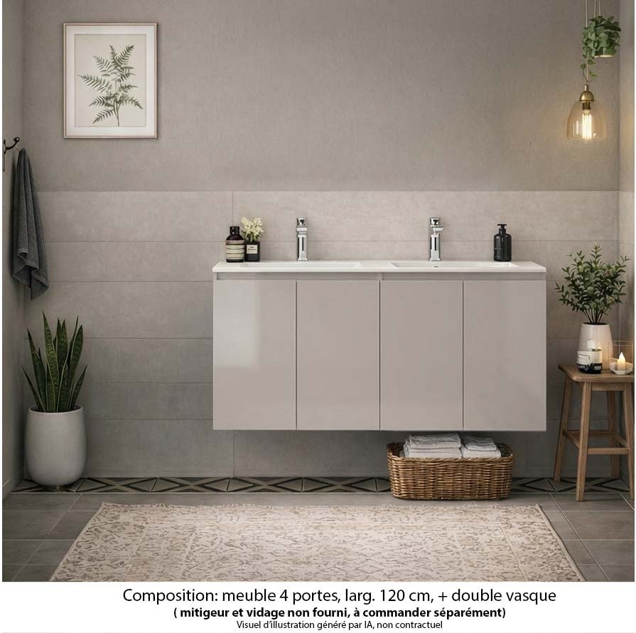 Ensemble meuble de salle de bain Oxford 120 cm grège brillant, plan vasque marbre reconstitué,  4 portes