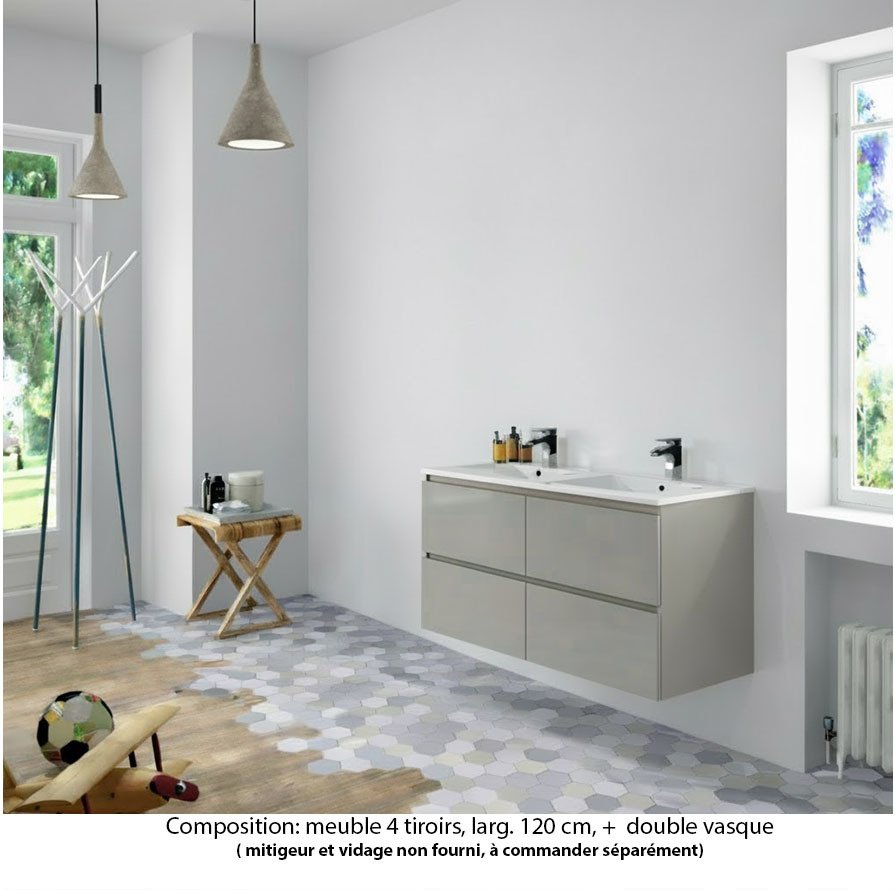 Ensemble meuble de salle de bain Oxford 120 cm grège brillant, plan double double vasque marbre reconstitué,  4 tiroirs