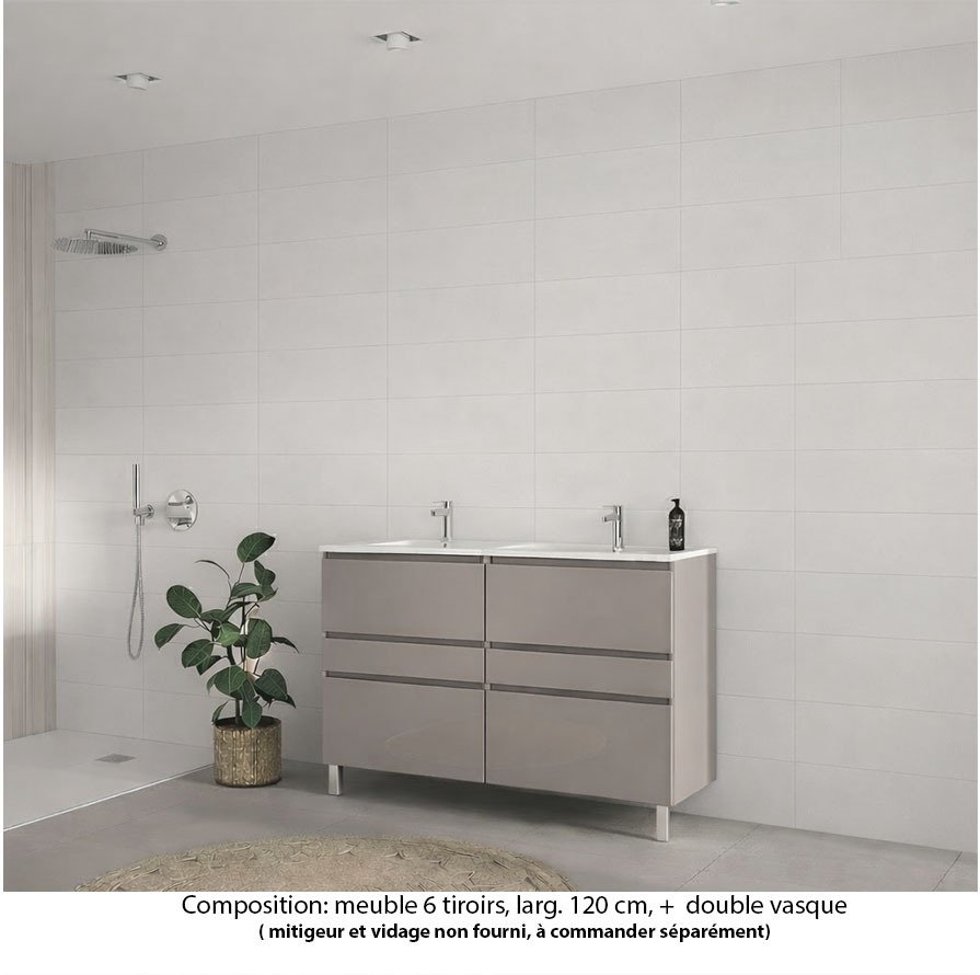 Ensemble meuble de salle de bain Oxford 120 cm grège brillant, plan double vasque céramique,  6 tiroirs