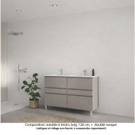 Ensemble meuble de salle de bain Oxford 120 cm grège brillant, plan double vasque céramique, 6 tiroirs