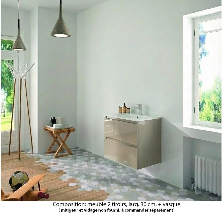 Ensemble meuble de salle de bain Oxford 80 cm grège brillant, plan vasque marbre reconstitué,  2 tiroirs