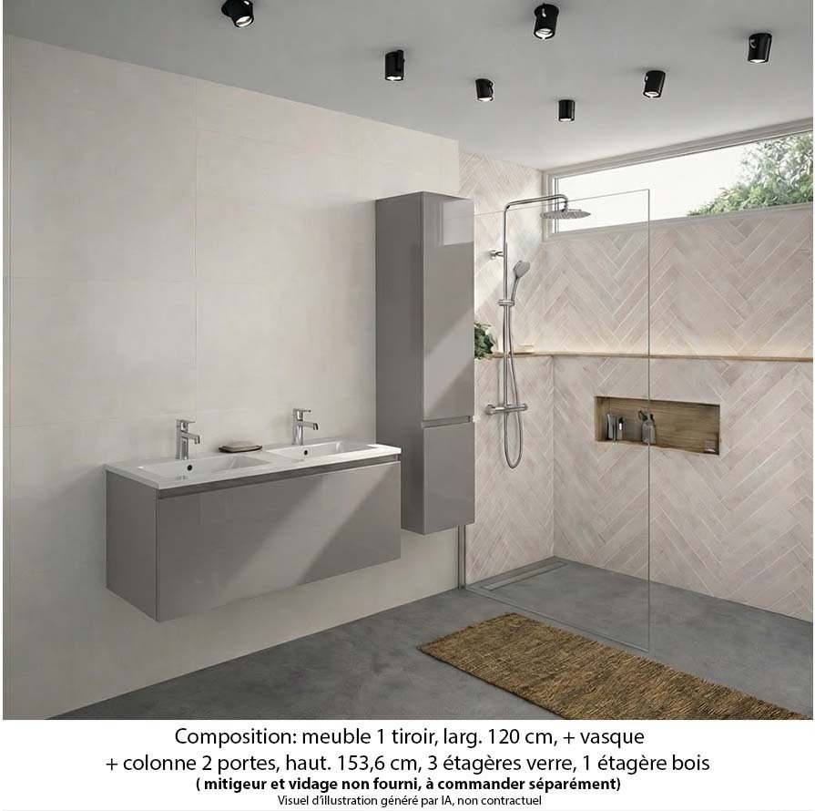 Ensemble meuble de salle de bain Oxford 120 cm grège brillant, plan double vasque marbre reconstitué,  1 tiroir +colonne P. 35 cm x H. 153 cm