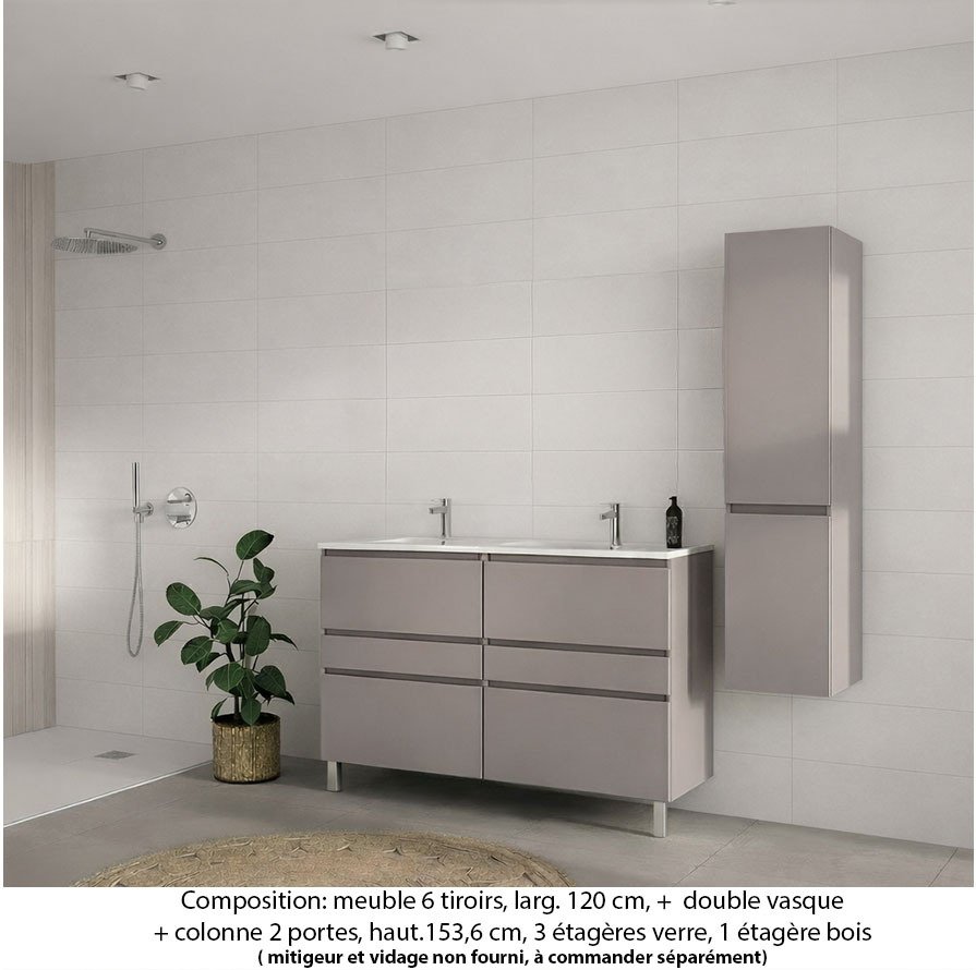 Ensemble meuble de salle de bain Oxford 120 cm grège brillant, plan double vasque céramique,  6 tiroirs +colonne P. 35 cm x H. 153 cm