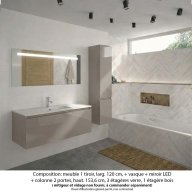 Ensemble meuble de salle de bain Oxford 120 cm grège brillant, plan vasque marbre reconstitué, 1 tiroir + colonne P. 35 cm x H. 153 cm , miroir LED