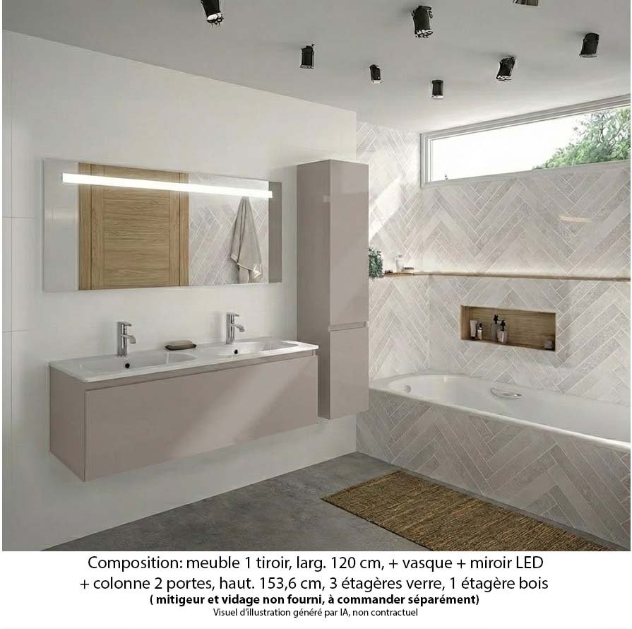 Ensemble meuble de salle de bain Oxford 120 cm grège brillant, plan double vasque marbre reconstitué,  1 tiroir +colonne P. 35 cm x H. 153 cm  , miroir LED