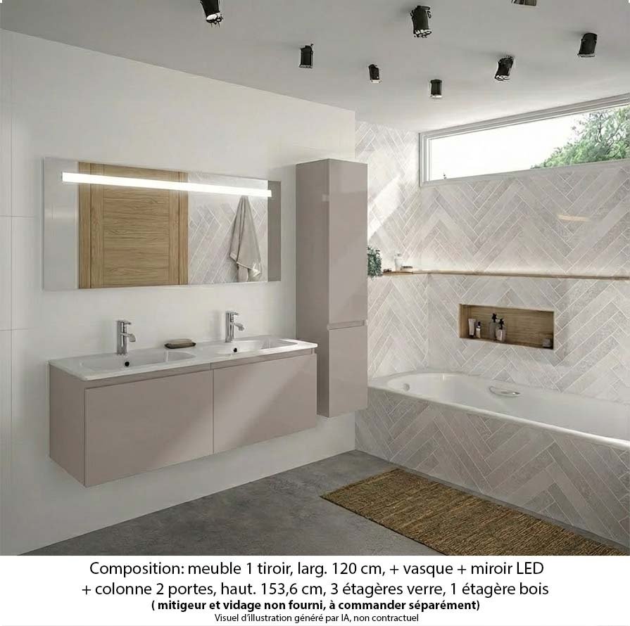 Ensemble meuble de salle de bain Oxford 120 cm grège brillant, plan double vasque marbre reconstitué,  2 tiroirs +colonne P. 35 cm x H. 153 cm  , miroir LED