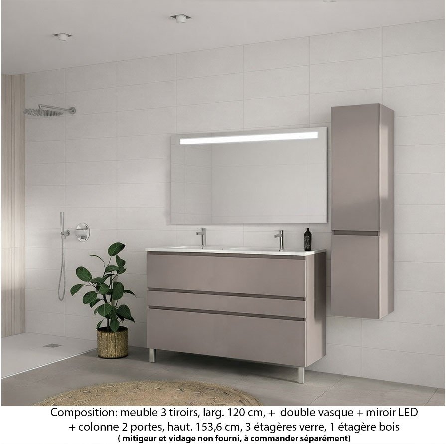 Ensemble meuble de salle de bain Oxford 120 cm grège brillant, plan double vasque céramique,  3 tiroirs + colonne P. 35 cm x H. 153 cm  , miroir LED