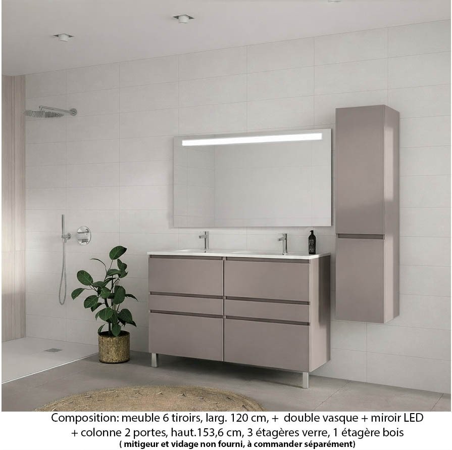Ensemble meuble de salle de bain Oxford 120 cm grège brillant, plan double vasque céramique,  6 tiroirs +colonne P. 35 cm x H. 153 cm  , miroir LED