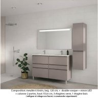 Ensemble meuble de salle de bain Oxford 120 cm grège brillant, plan double vasque marbre reconstitué, 6 tiroirs +colonne P. 35 cm x H. 153 cm , miroir LED