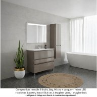 Ensemble meuble de salle de bain Oxford 90 cm grège brillant, plan vasque céramique, 3 tiroirs +colonne P. 35 cm x H. 153 cm , miroir LED