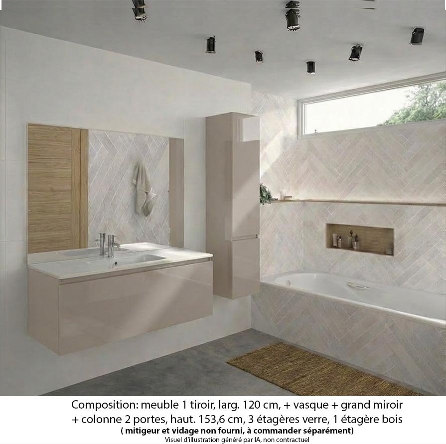 Ensemble meuble de salle de bain Oxford 120 cm grège brillant, plan vasque marbre reconstitué, 1 tiroir , miroir plan , colonne P. 35 cm x H. 153 cm