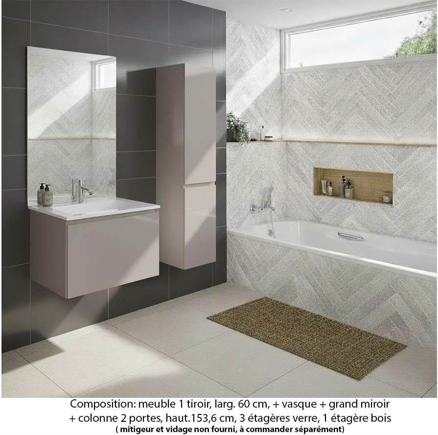 Ensemble meuble de salle de bain Oxford 100 cm grège brillant, plan vasque marbre reconstitué, 1 tiroir , miroir plan , colonne P. 35 cm x H. 153 cm
