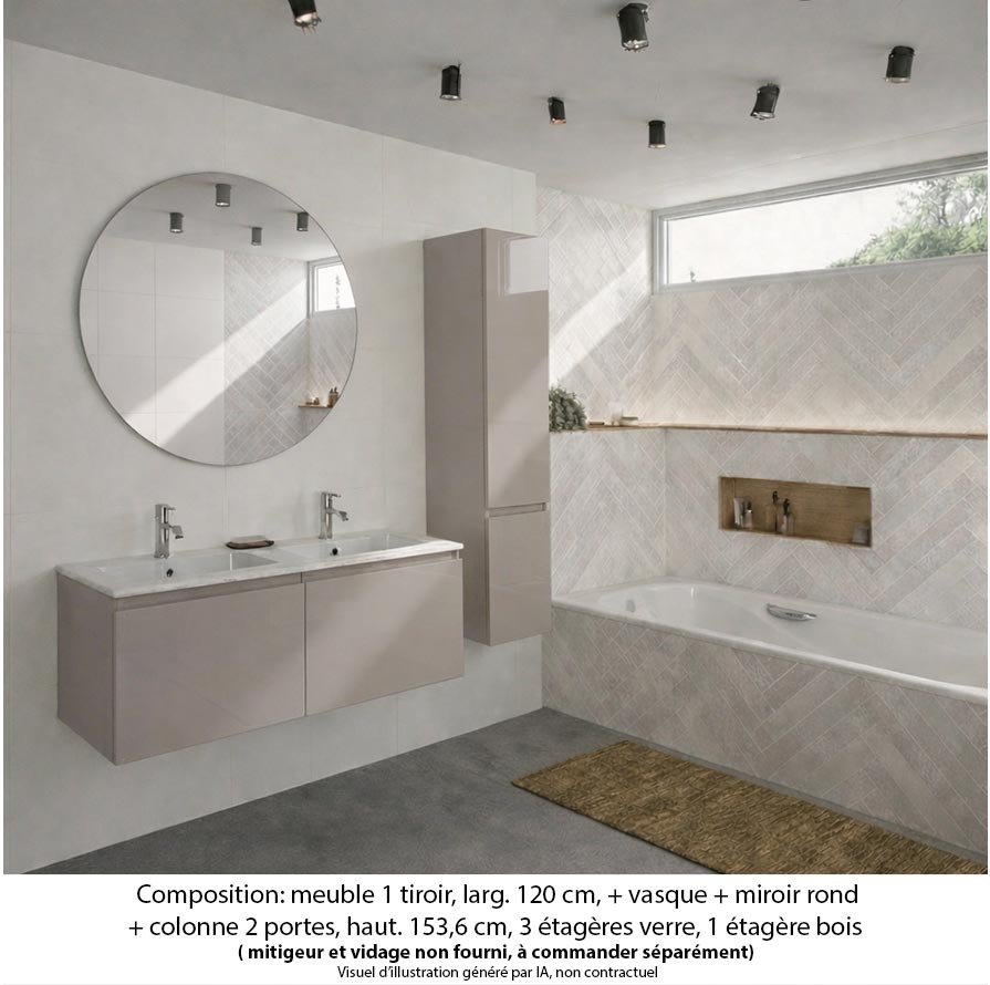Ensemble meuble de salle de bain Oxford 120 cm grège brillant, plan double vasque céramique, 2 tiroirs , miroir rond , colonne P. 35 cm x H. 153 cm