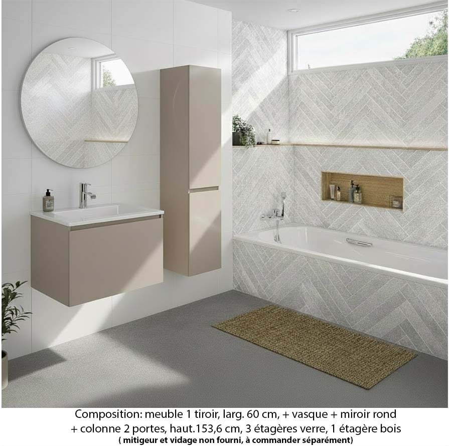 Ensemble meuble de salle de bain Oxford 100 cm grège brillant, plan vasque marbre reconstitué, 1 tiroir , miroir rond , colonne P. 35 cm x H. 153 cm