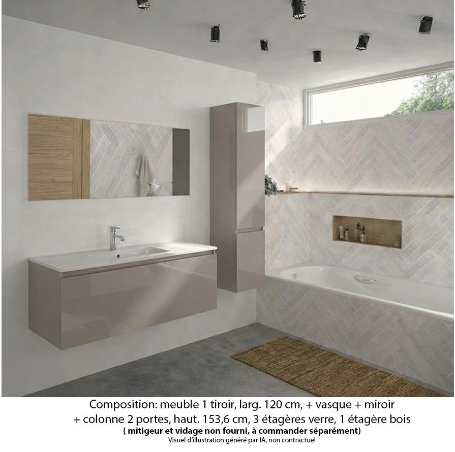Ensemble meuble de salle de bain Oxford 120 cm grège brillant, plan vasque céramique, 1 tiroir , miroir simple , colonne P. 35 cm x H. 153 cm