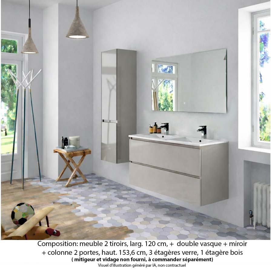Ensemble meuble de salle de bain Oxford 120 cm grège brillant, plan double vasque marbre reconstitué, 2 tiroirs , miroir simple , colonne P. 35 cm x H. 153 cm