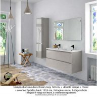 Ensemble meuble de salle de bain Oxford 120 cm grège brillant, plan double vasque marbre reconstitué, 2 tiroirs , miroir simple , colonne P. 35 cm x H. 153 cm