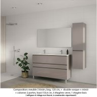 Ensemble meuble de salle de bain Oxford 120 cm grège brillant, plan double vasque céramique, 3 tiroirs , miroir simple , colonne P. 35 cm x H. 153 cm