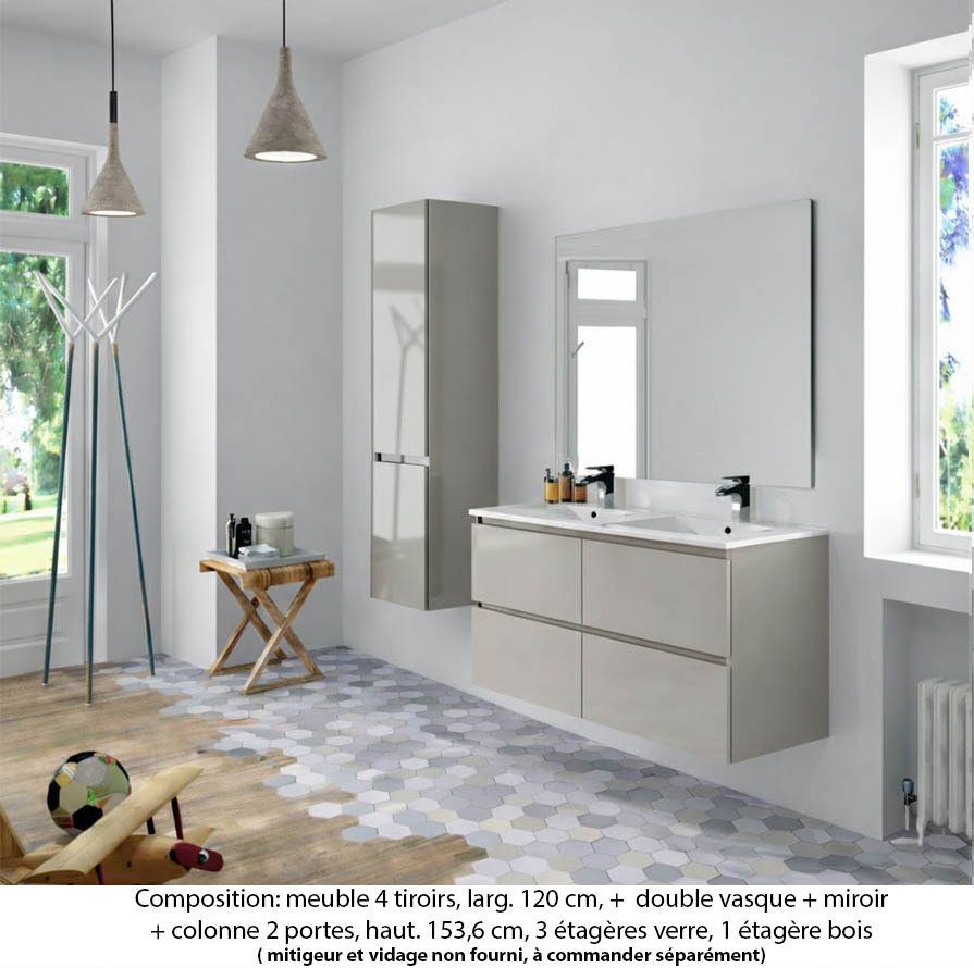 Ensemble meuble de salle de bain Oxford 120 cm grège brillant, plan double double vasque marbre reconstitué, 4 tiroirs , miroir simple , colonne P. 35 cm x H. 153 cm