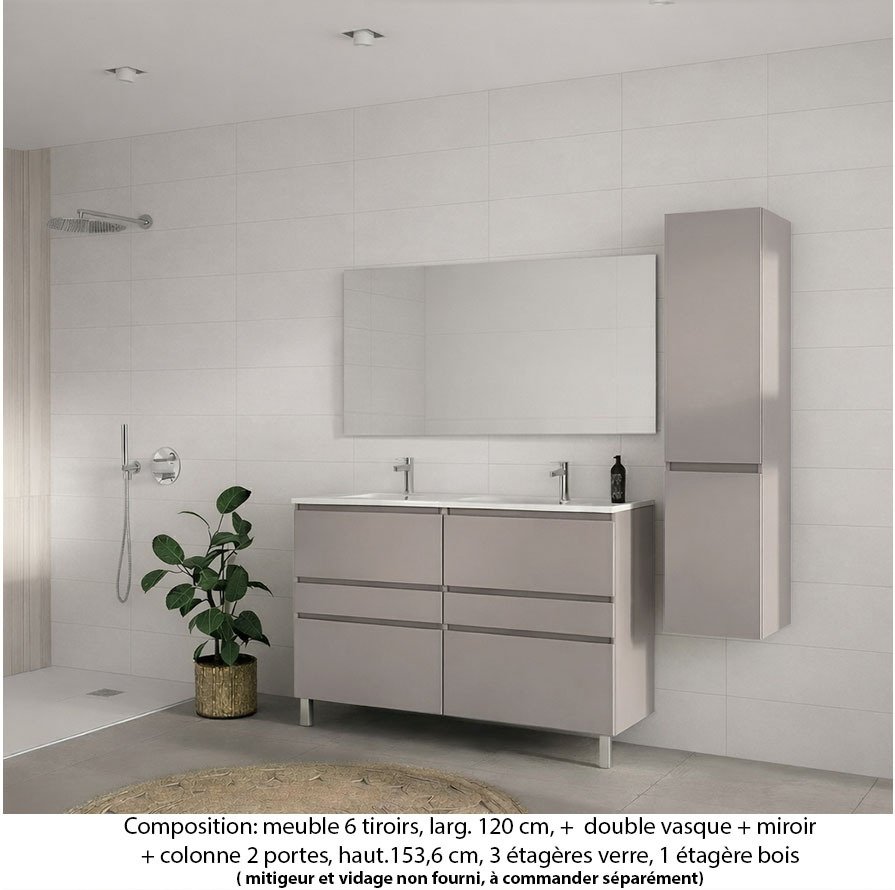 Ensemble meuble de salle de bain Oxford 120 cm grège brillant, plan double vasque céramique, 6 tiroirs , miroir simple , colonne P. 35 cm x H. 153 cm