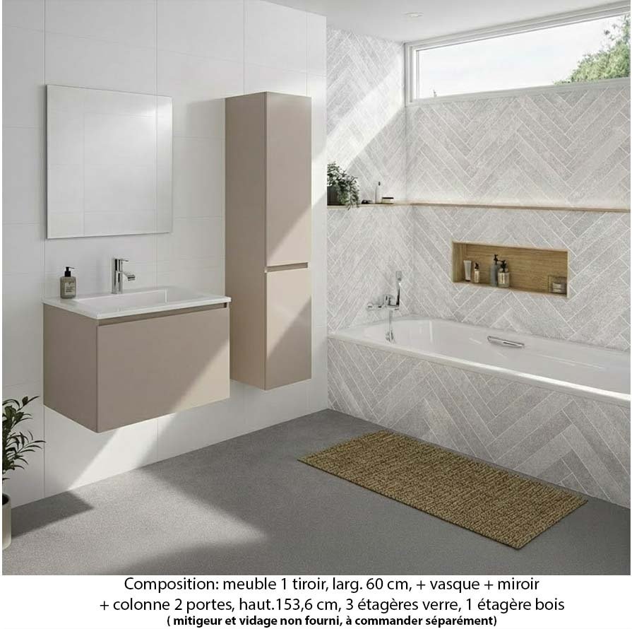 Ensemble meuble de salle de bain Oxford 80 cm grège brillant, plan vasque marbre reconstitué, 1 tiroir , miroir simple , colonne P. 35 cm x H. 153 cm
