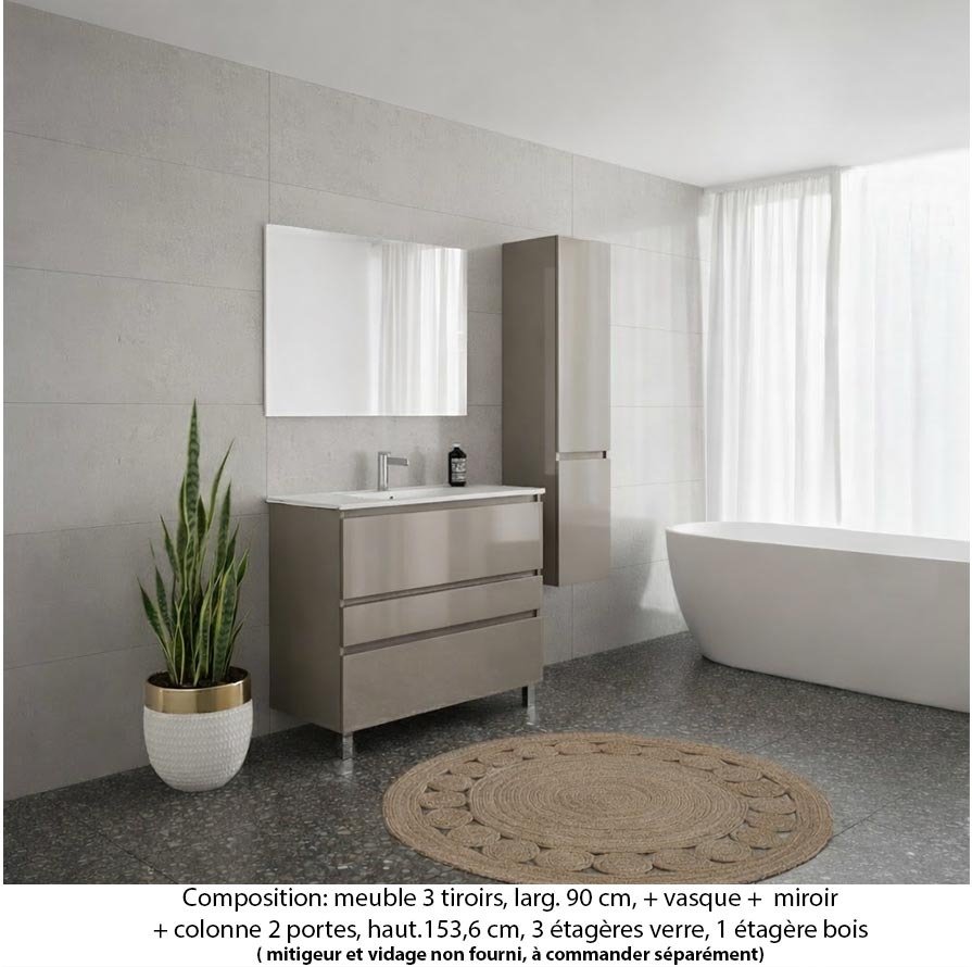 Ensemble meuble de salle de bain Oxford 80 cm grège brillant, plan vasque marbre reconstitué, 3 tiroirs , miroir simple , colonne P. 35 cm x H. 153 cm