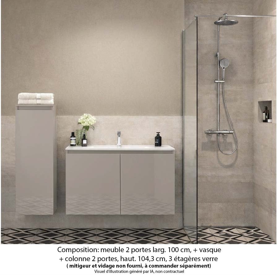 Ensemble meuble de salle de bain Oxford 60 cm grège brillant, plan vasque marbre reconstitué,  2 portes + colonne P. 35 cm x H. 104 cm