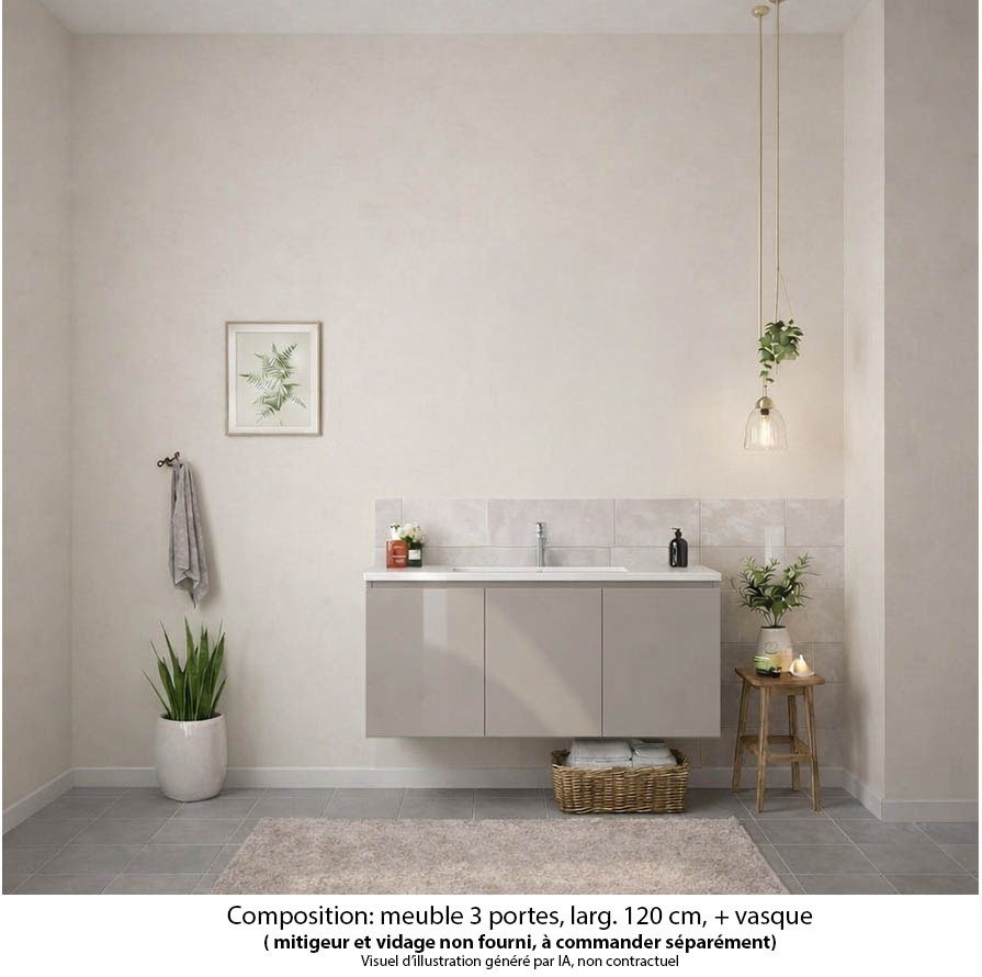 Ensemble meuble de salle de bain Oxford 120 cm grège brillant, plan vasque céramique,  3 portes + colonne P. 17 cm x H. 104 cm