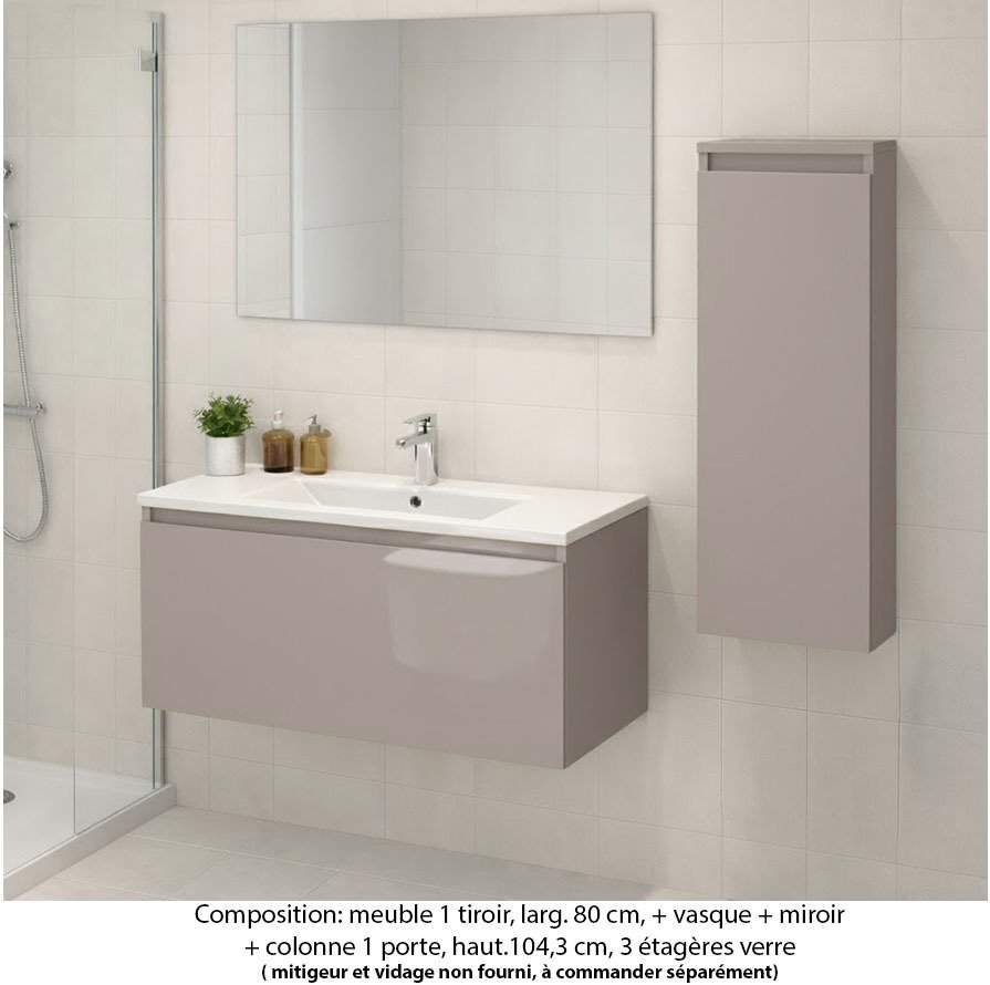 Ensemble meuble de salle de bain Oxford 80 cm grège brillant, plan vasque marbre reconstitué,  1 tiroir + colonne P.17 cm x H. 104 cm