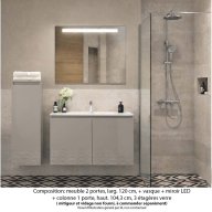 Ensemble meuble de salle de bain Oxford 100 cm grège brillant, plan vasque marbre reconstitué, 2 portes +colonne P. 35 cm x H. 104 cm , miroir LED