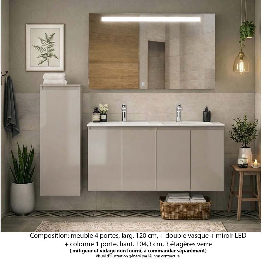 Ensemble meuble de salle de bain Oxford 120 cm grège brillant, plan vasque marbre reconstitué,  4 portes +colonne P. 17 cm x H. 104 cm  , miroir LED