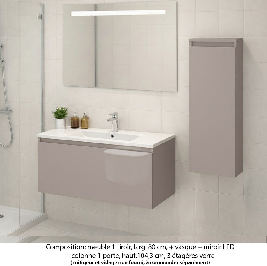 Ensemble meuble de salle de bain Oxford 80 cm grège brillant, plan vasque marbre reconstitué,  1 tiroir +colonne P.17 cm x H. 104 cm  , miroir LED