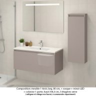 Ensemble meuble de salle de bain Oxford 80 cm grège brillant, plan vasque marbre reconstitué, 1 tiroir + colonne P.17 cm x H. 104 cm , miroir LED
