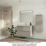 Ensemble meuble de salle de bain Oxford 100 cm grège brillant, plan vasque céramique, 2 tiroirs + colonne P. 17 cm x H. 104 cm , miroir LED