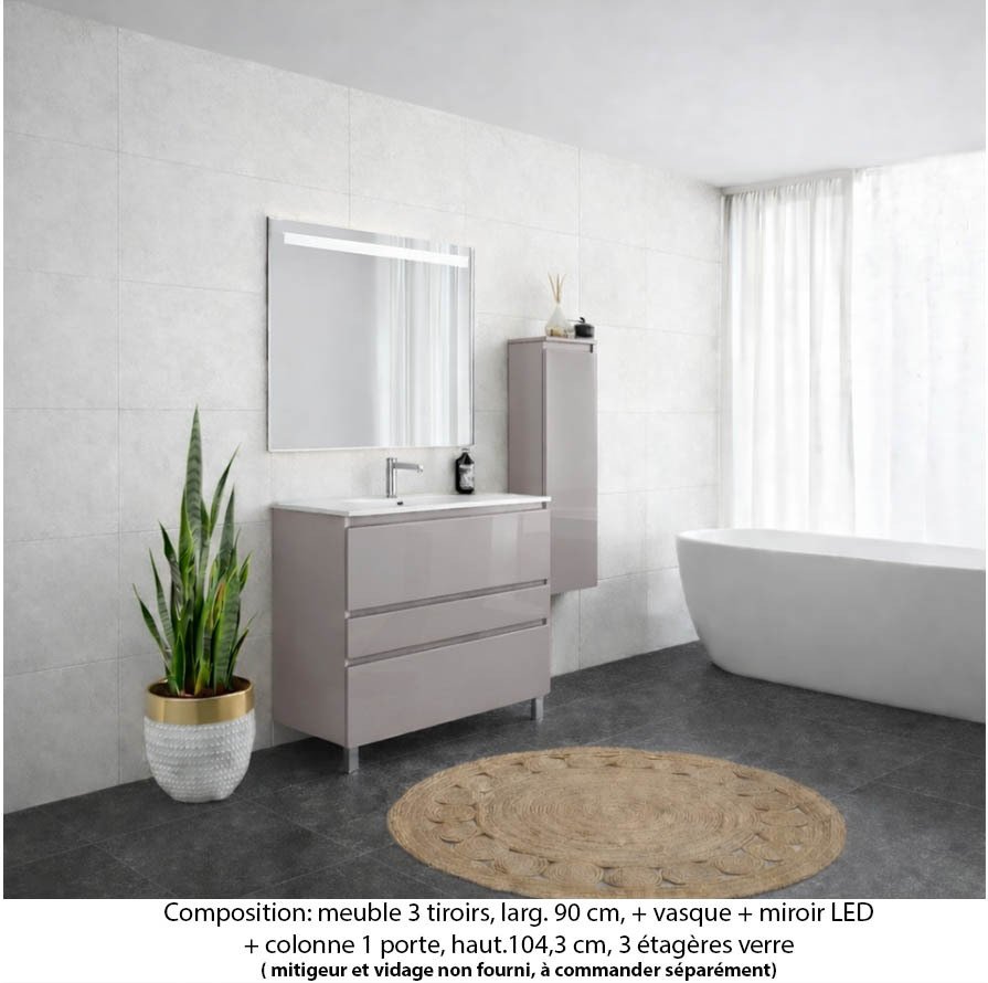 Ensemble meuble de salle de bain Oxford 80 cm grège brillant, plan vasque marbre reconstitué,  3 tiroirs + colonne P.17 cm x H. 104 cm  , miroir LED