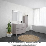 Ensemble meuble de salle de bain Oxford 90 cm grège brillant, plan vasque céramique, 3 tiroirs +colonne P.17 cm x H. 104 cm , miroir LED