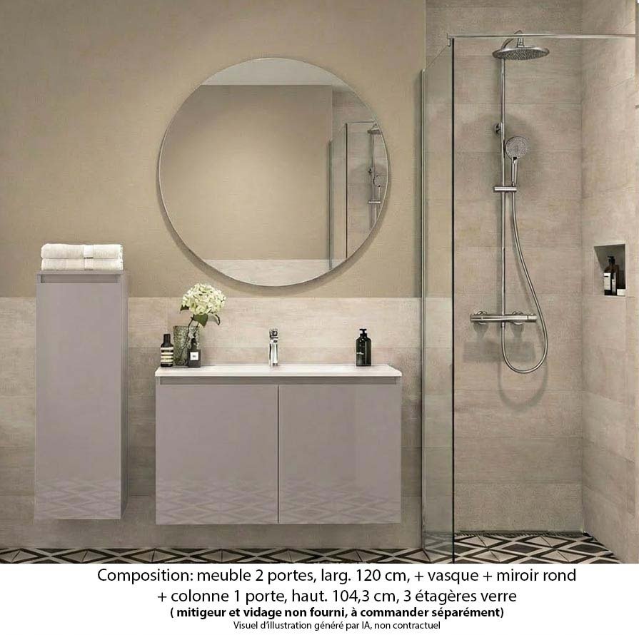 Ensemble meuble de salle de bain Oxford 80 cm grège brillant, plan vasque marbre reconstitué, 2 portes , miroir rond , colonne P. 17 cm x H. 104 cm