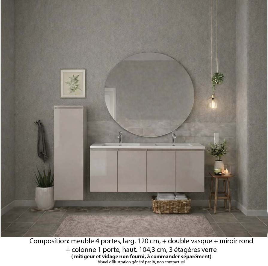 Ensemble meuble de salle de bain Oxford 140 cm grège brillant, plan vasque marbre reconstitué, 4 portes , miroir rond , colonne P. 17 cm x H. 104 cm