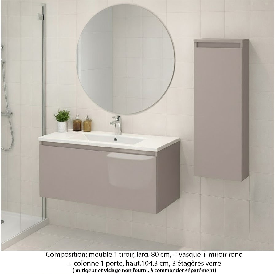 Ensemble meuble de salle de bain Oxford 80 cm grège brillant, plan vasque marbre reconstitué, 1 tiroir , miroir rond , colonne P.17 cm x H. 104 cm