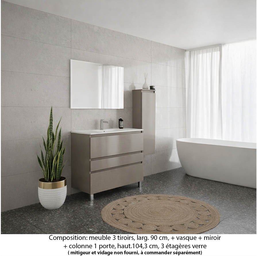 Ensemble meuble de salle de bain Oxford 90 cm grège brillant, plan vasque marbre reconstitué, 3 tiroirs , miroir simple , colonne P.17 cm x H. 104 cm