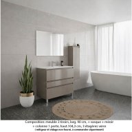 Ensemble meuble de salle de bain Oxford 90 cm grège brillant, plan vasque céramique, 3 tiroirs , miroir simple , colonne P.17 cm x H. 104 cm