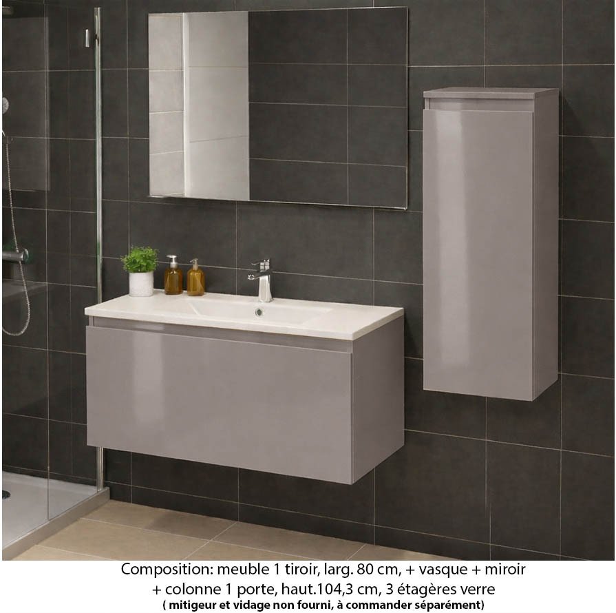 Ensemble meuble de salle de bain Oxford 100 cm grège brillant, plan vasque marbre reconstitué,  1 tiroir +colonne P. 35 cm x H. 104 cm
