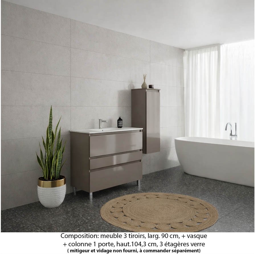 Ensemble meuble de salle de bain Oxford 80 cm grège brillant, plan vasque marbre reconstitué,  3 tiroirs + colonne P. 35 cm x H. 104 cm