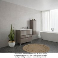Ensemble meuble de salle de bain Oxford 90 cm grège brillant, plan vasque céramique, 3 tiroirs + colonne P. 35 cm x H. 104 cm