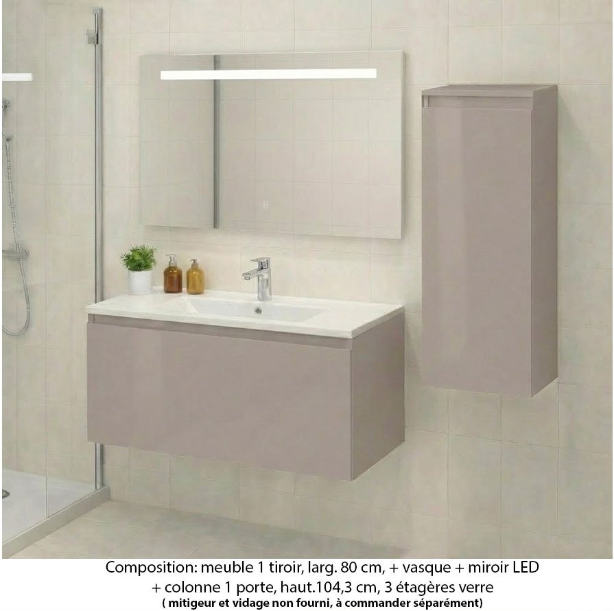 Ensemble meuble de salle de bain Oxford 80 cm grège brillant, plan vasque marbre reconstitué,  1 tiroir + colonne P. 35 cm x H. 104 cm , miroir LED