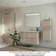 Ensemble meuble de salle de bain Oxford 100 cm grège brillant, plan vasque céramique, 2 tiroirs + colonne P. 35 cm x H. 104 cm , miroir LED