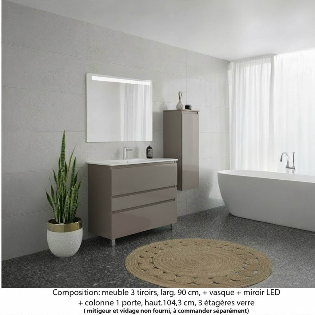 Ensemble meuble de salle de bain Oxford 80 cm grège brillant, plan vasque marbre reconstitué,  3 tiroirs + colonne P. 35 cm x H. 104 cm , miroir LED