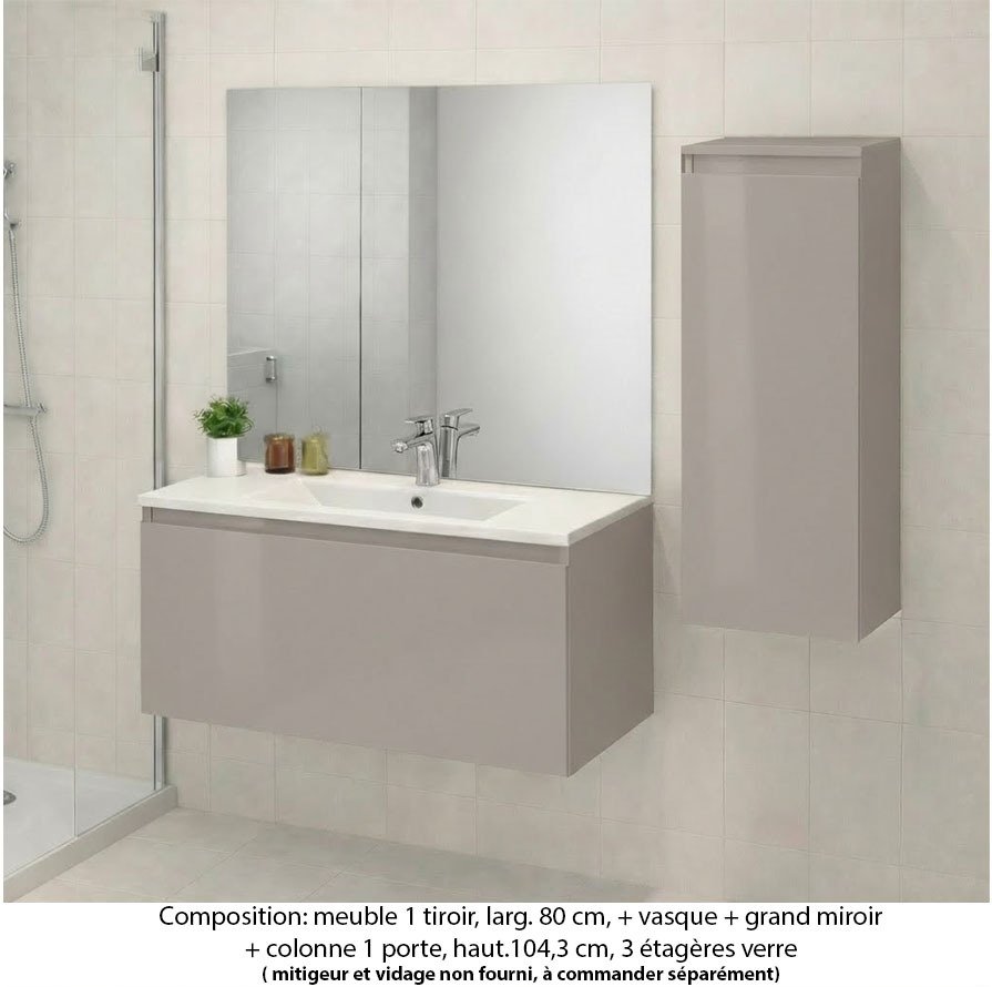 Ensemble meuble de salle de bain Oxford 100 cm grège brillant, plan vasque marbre reconstitué, 1 tiroir , miroir plan , colonne P. 35 cm x H. 104 cm